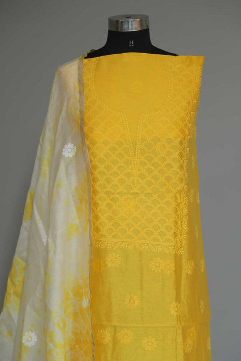 Chanderi Chikankari Kurta & Shibori Dupatta in Yellow & Off White (Set of 2)