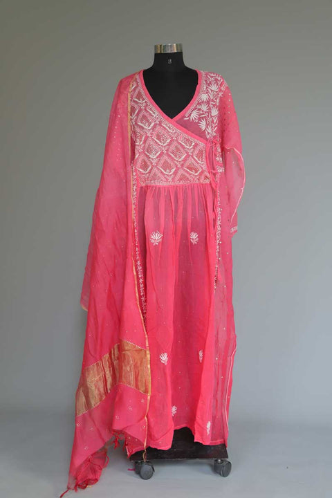 Chanderi Chikankari Angrakha Kurta & Dupatta in Hot Pink (Set of 2)