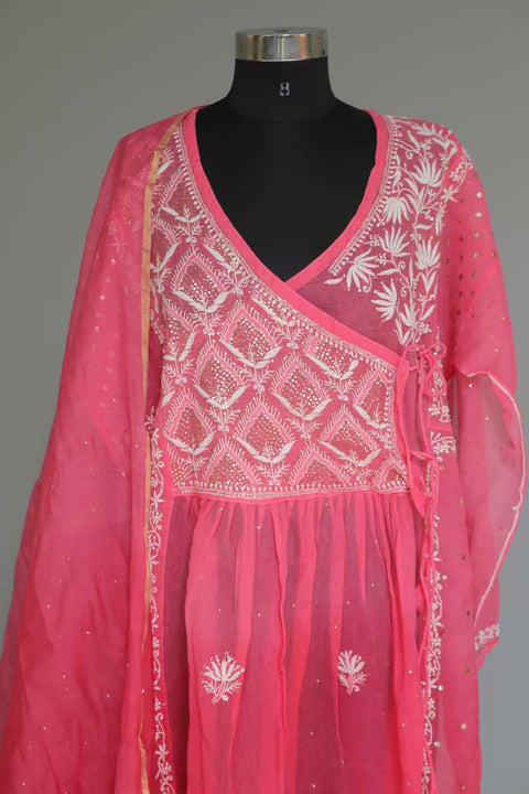 Chanderi Chikankari Angrakha Kurta & Dupatta in Hot Pink (Set of 2)