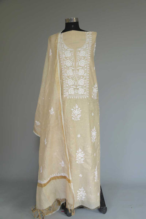 Tissue Chikankari Kurta and Dupatta in Beige Cream (Set of 2)