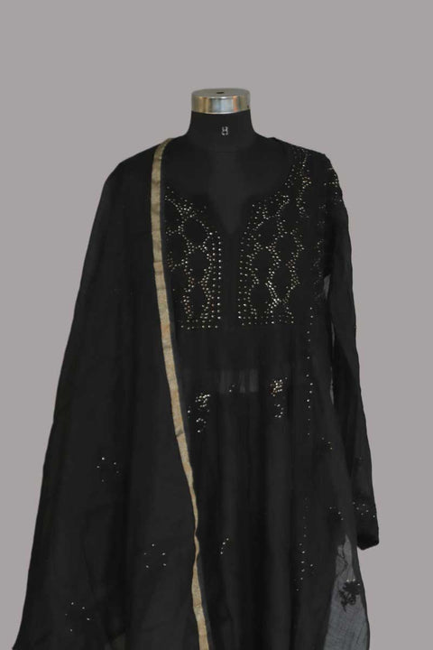 Mulmul Chikankari Kurta and Chanderi Dupatta in Black (Set of 2)
