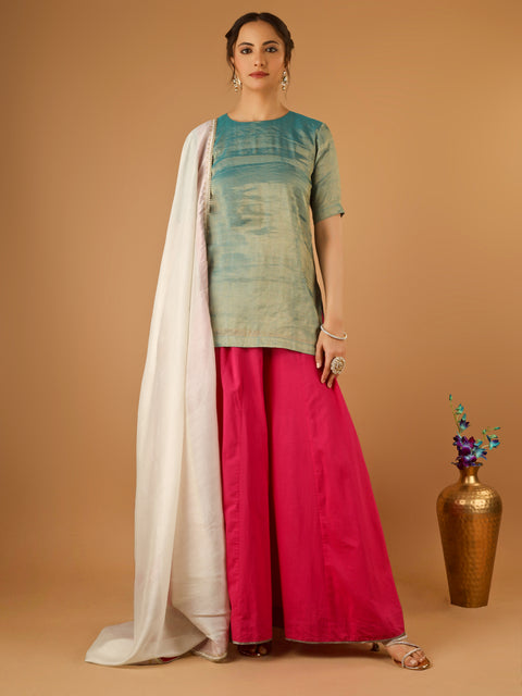 Aqua Gold Short Kurta with Hot Pink Palazzo and Embroidered Ivory Chanderi Dupatta (Set Of 3)