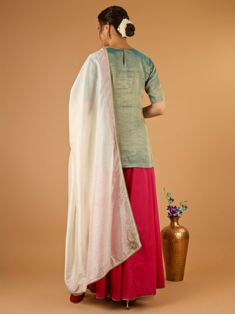 Aqua Gold Short Kurta with Hot Pink Palazzo and Embroidered Ivory Chanderi Dupatta (Set Of 3)