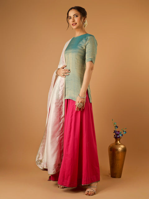 Aqua Gold Short Kurta with Hot Pink Palazzo and Embroidered Ivory Chanderi Dupatta (Set Of 3)