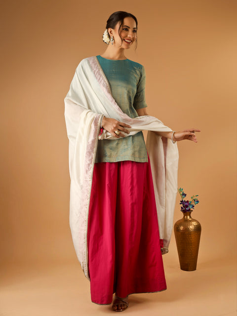Aqua Gold Short Kurta with Hot Pink Palazzo and Embroidered Ivory Chanderi Dupatta (Set Of 3)