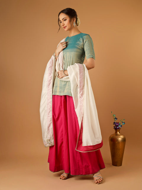 Aqua Gold Short Kurta with Hot Pink Palazzo and Embroidered Ivory Chanderi Dupatta (Set Of 3)