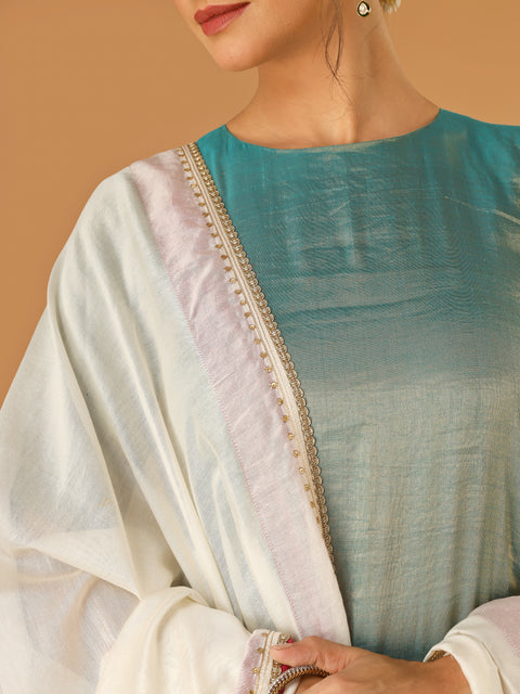 Aqua Gold Short Kurta with Hot Pink Palazzo and Embroidered Ivory Chanderi Dupatta (Set Of 3)
