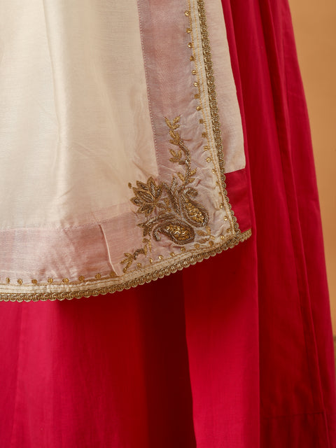 Aqua Gold Short Kurta with Hot Pink Palazzo and Embroidered Ivory Chanderi Dupatta (Set Of 3)