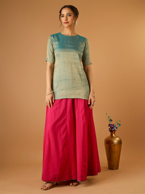 Aqua Gold Short Kurta with Hot Pink Palazzo and Embroidered Ivory Chanderi Dupatta (Set Of 3)