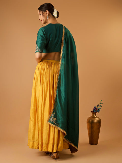 Deep Green Embroidered Blouse with Turmeric Yellow Flared Lehenga with embroidered Dupatta (Set of 3)