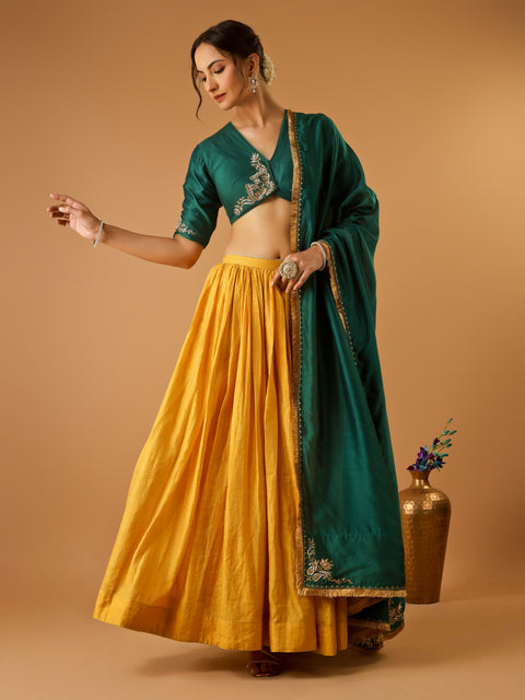 Deep Green Embroidered Blouse with Turmeric Yellow Flared Lehenga with embroidered Dupatta (Set of 3)