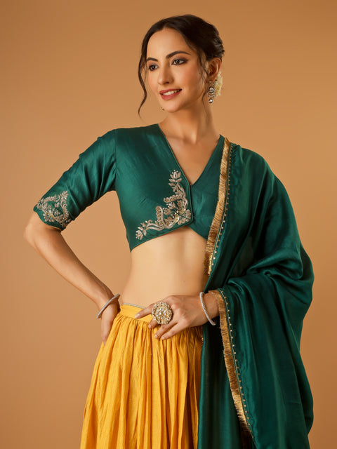 Deep Green Embroidered Blouse with Turmeric Yellow Flared Lehenga with embroidered Dupatta (Set of 3)