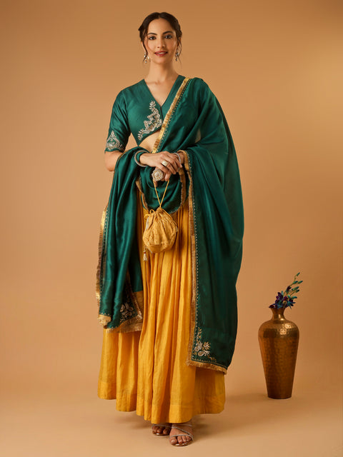 Deep Green Embroidered Blouse with Turmeric Yellow Flared Lehenga with embroidered Dupatta (Set of 3)