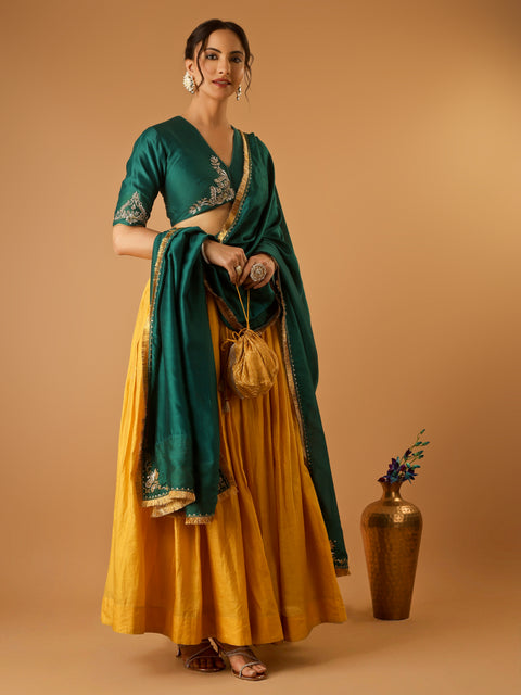 Deep Green Embroidered Blouse with Turmeric Yellow Flared Lehenga with embroidered Dupatta (Set of 3)