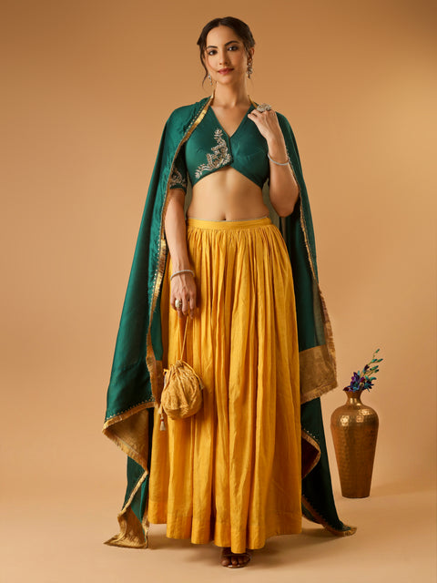 Deep Green Embroidered Blouse with Turmeric Yellow Flared Lehenga with embroidered Dupatta (Set of 3)