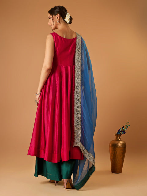 Hot Pink Corset Anarkali with Deep Green Palazzo & Embroidered lace Katan Silk Dupatta (Set of 3)