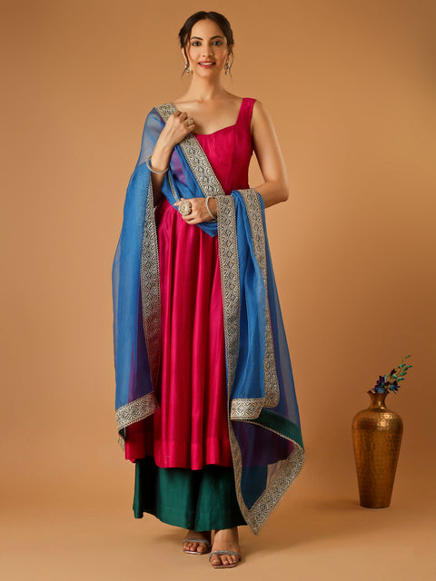 Hot Pink Corset Anarkali with Deep Green Palazzo & Embroidered lace Katan Silk Dupatta (Set of 3)