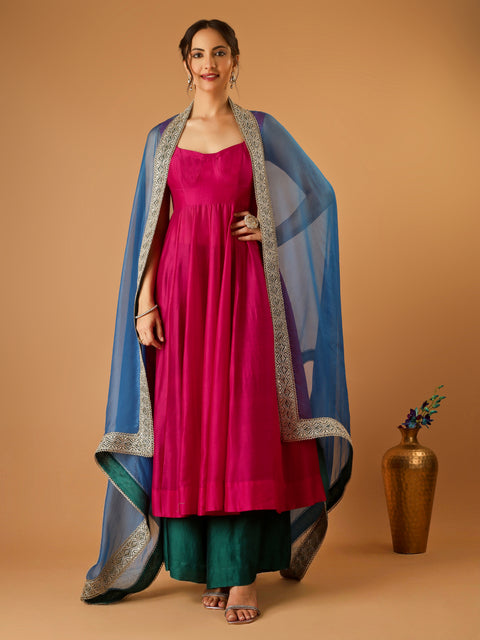 Hot Pink Corset Anarkali with Deep Green Palazzo & Embroidered lace Katan Silk Dupatta (Set of 3)