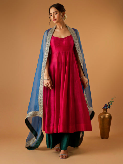 Hot Pink Corset Anarkali with Deep Green Palazzo & Embroidered lace Katan Silk Dupatta (Set of 3)