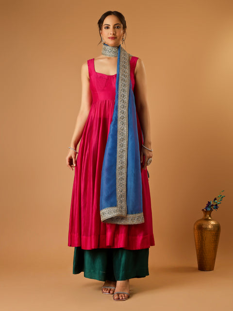 Hot Pink Corset Anarkali with Deep Green Palazzo & Embroidered lace Katan Silk Dupatta (Set of 3)