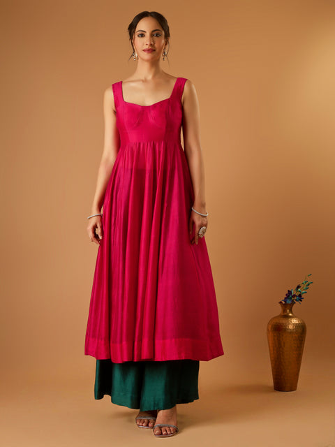 Hot Pink Corset Anarkali with Deep Green Palazzo & Embroidered lace Katan Silk Dupatta (Set of 3)