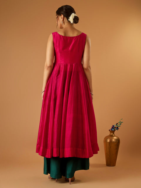 Hot Pink Corset Anarkali with Deep Green Palazzo & Embroidered lace Katan Silk Dupatta (Set of 3)
