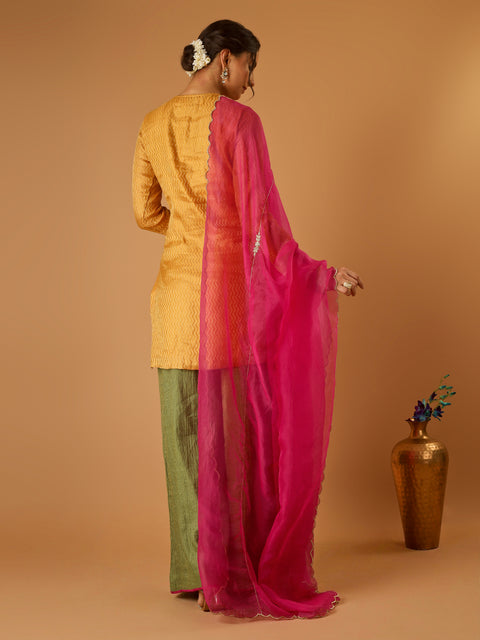 Zigzag Zari Weave Turmeric Yellow Short Kurta with Green Palazzo and hot pink Katan silk Dupatta (set of 3)