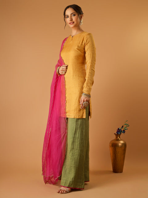 Zigzag Zari Weave Turmeric Yellow Short Kurta with Green Palazzo and hot pink Katan silk Dupatta (set of 3)