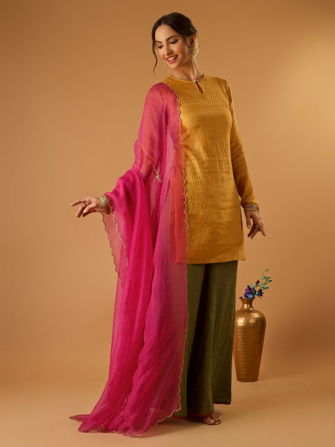 Zigzag Zari Weave Turmeric Yellow Short Kurta with Green Palazzo and hot pink Katan silk Dupatta (set of 3)