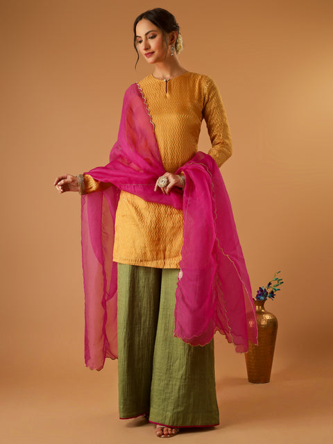 Zigzag Zari Weave Turmeric Yellow Short Kurta with Green Palazzo and hot pink Katan silk Dupatta (set of 3)