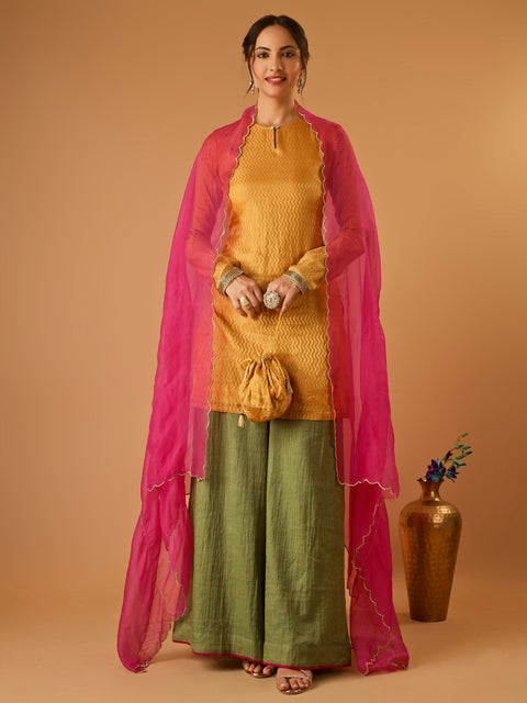 Zigzag Zari Weave Turmeric Yellow Short Kurta with Green Palazzo and hot pink Katan silk Dupatta (set of 3)