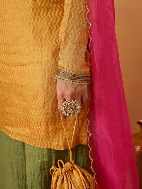 Zigzag Zari Weave Turmeric Yellow Short Kurta with Green Palazzo and hot pink Katan silk Dupatta (set of 3)