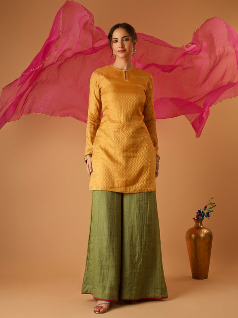 Zigzag Zari Weave Turmeric Yellow Short Kurta with Green Palazzo and hot pink Katan silk Dupatta (set of 3)