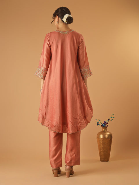Coral High Low Embroidered Chanderi Kurta Set with Tissue Dupatta (Set of 3)
