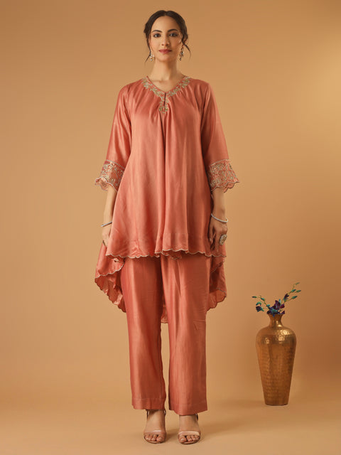 Coral High Low Embroidered Chanderi Kurta Set with Tissue Dupatta (Set of 3)