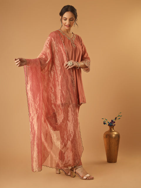 Coral High Low Embroidered Chanderi Kurta Set with Tissue Dupatta (Set of 3)