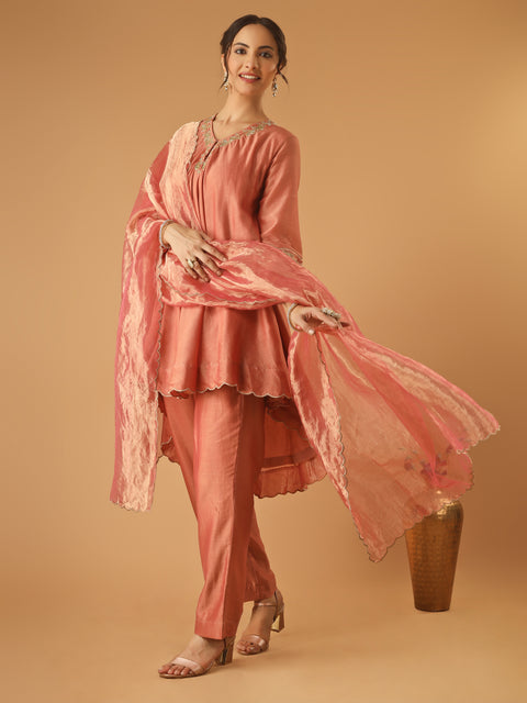 Coral High Low Embroidered Chanderi Kurta Set with Tissue Dupatta (Set of 3)