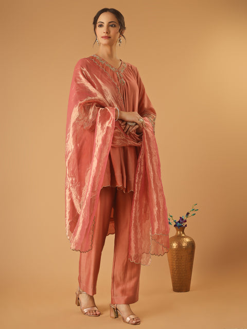 Coral High Low Embroidered Chanderi Kurta Set with Tissue Dupatta (Set of 3)