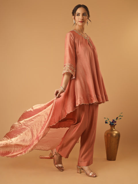 Coral High Low Embroidered Chanderi Kurta Set with Tissue Dupatta (Set of 3)