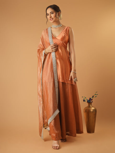 Saffron Brown Handwoven Chanderi Kurta Gharara Set with Chanderi Zari Stripes Dupatta (set of 3)