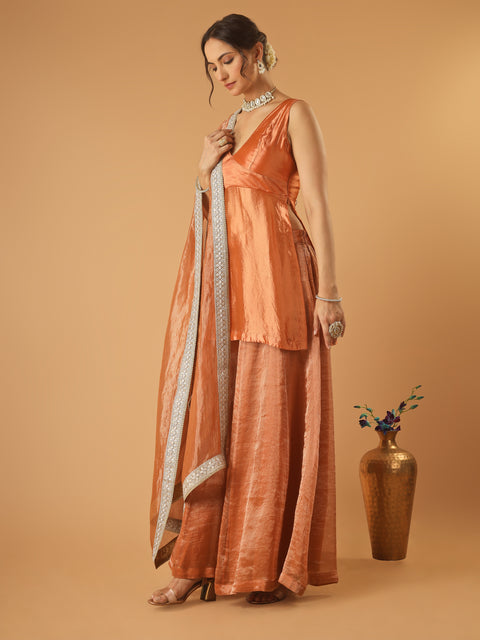 Saffron Brown Handwoven Chanderi Kurta Gharara Set with Chanderi Zari Stripes Dupatta (set of 3)