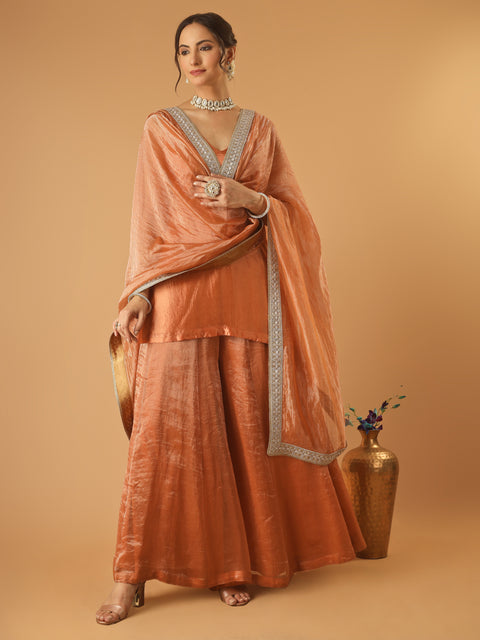 Saffron Brown Handwoven Chanderi Kurta Gharara Set with Chanderi Zari Stripes Dupatta (set of 3)