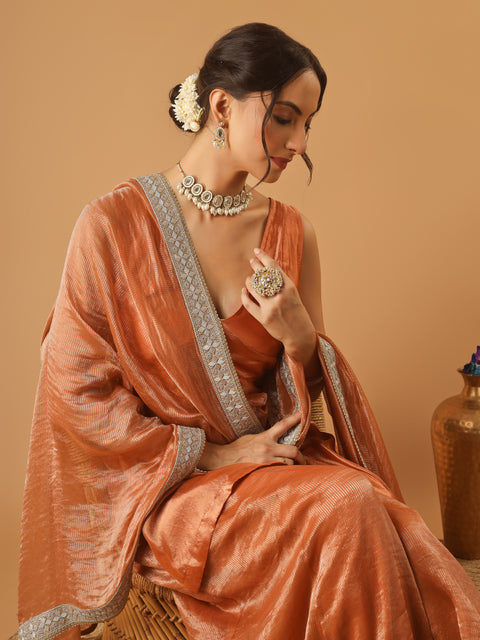 Saffron Brown Handwoven Chanderi Kurta Gharara Set with Chanderi Zari Stripes Dupatta (set of 3)