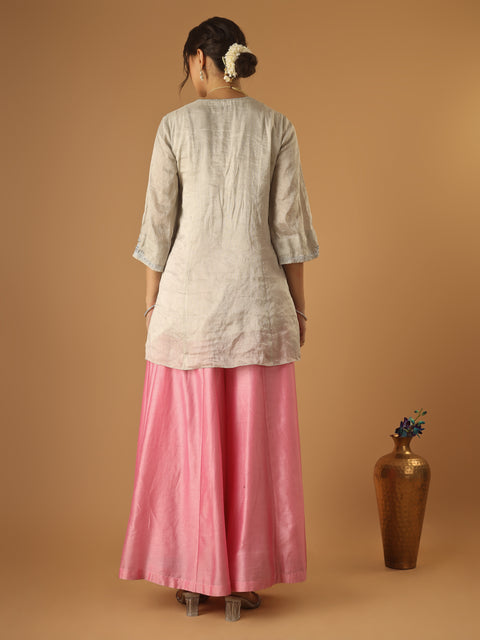 Embroidred Zari Silk Wrap Kurta with Pink Palazzo & Light Blue Embroidered Dupatta (Set of 3)