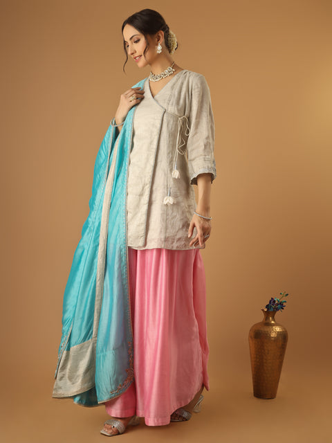 Embroidred Zari Silk Wrap Kurta with Pink Palazzo & Light Blue Embroidered Dupatta (Set of 3)