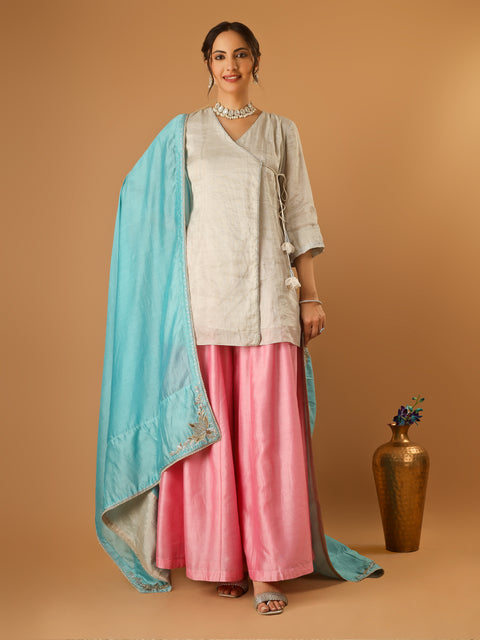 Embroidred Zari Silk Wrap Kurta with Pink Palazzo & Light Blue Embroidered Dupatta (Set of 3)