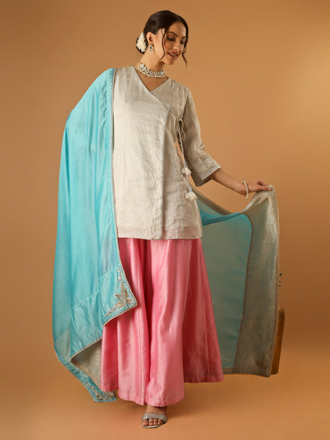 Embroidred Zari Silk Wrap Kurta with Pink Palazzo & Light Blue Embroidered Dupatta (Set of 3)
