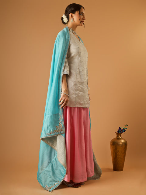 Embroidred Zari Silk Wrap Kurta with Pink Palazzo & Light Blue Embroidered Dupatta (Set of 3)