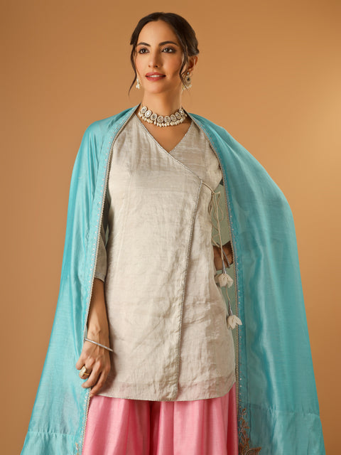 Embroidred Zari Silk Wrap Kurta with Pink Palazzo & Light Blue Embroidered Dupatta (Set of 3)