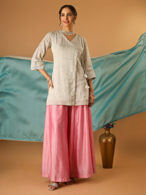 Embroidred Zari Silk Wrap Kurta with Pink Palazzo & Light Blue Embroidered Dupatta (Set of 3)